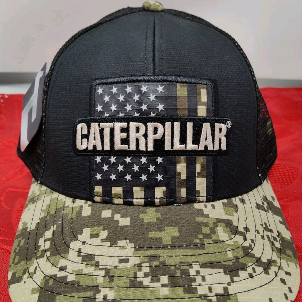 CAT Caterpillar Trucker Hat Digital CAMO Flag Men's Adjustable Mesh